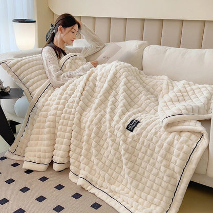 Luxury Double Layer Faux Rabbit Fur Throw Blanket Soft Warm